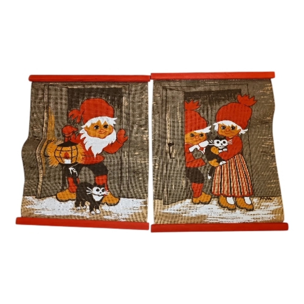 Vintage Scandinavian Christmas Textile Art – Tomte Elves Black Cat - Set of 2 - Picture 8 of 8